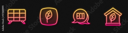 Set line Leaf Eco symbol, Solar energy panel, and friendly house. Glowing neon icon. Vector