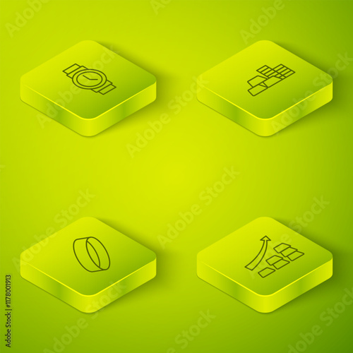 Set Isometric line Gold coin with gold bars, ring, Growth arrow and Wrist watch icon. Vector