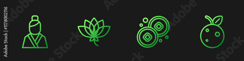 Set line Chinese Yuan currency, Asian woman, Lotus flower and Peach fruit or nectarine. Gradient color icons. Vector