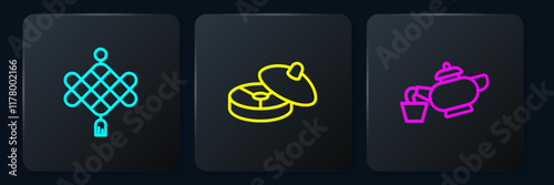 Set line Chinese paper lantern, tea ceremony and . Black square button. Vector