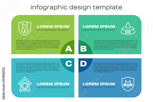 Set line Dog house, Animal health insurance, and Pet food bowl for cat or dog. Business infographic template. Vector