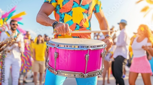Vibrant street festival parade with music and dance in full swing