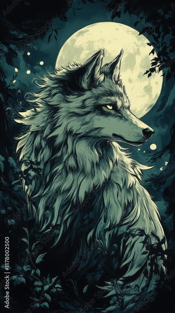 Fototapeta premium Majestic wolf illuminated by a full moon in a mystical forest