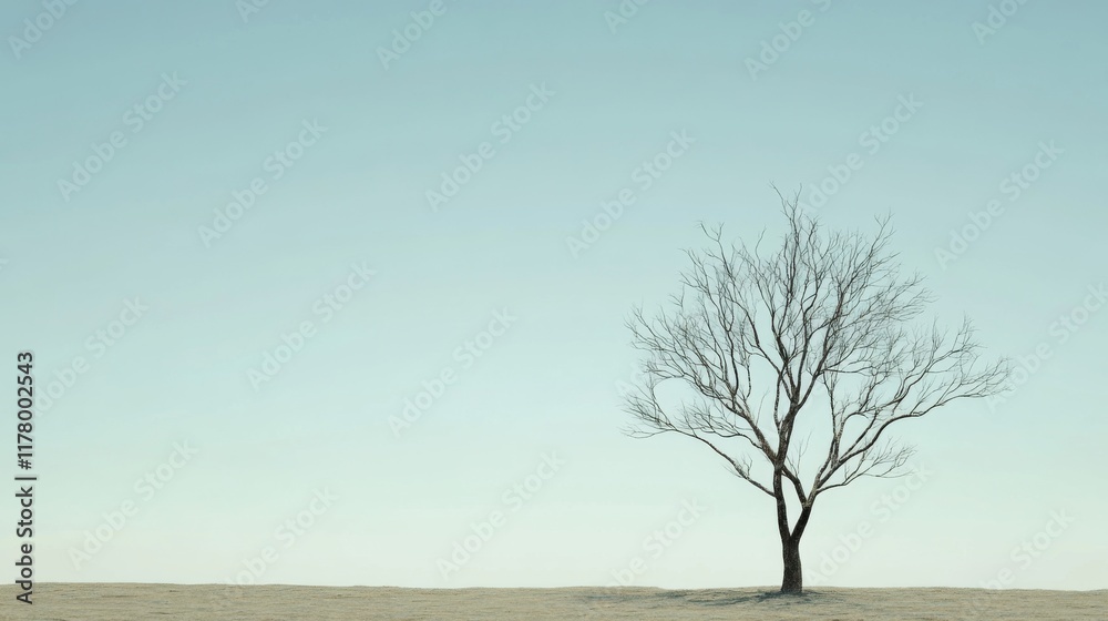 Lone, bare tree on a pale, flat landscape under a clear sky. Lone, bare tree on a pale, flat landscape under a clear sky.