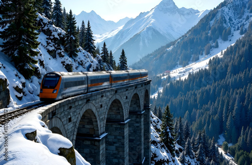 Obraz na płótnie A train is currently making its way over a scenic bridge that is located amidst the beautiful mountains in the background w salonie