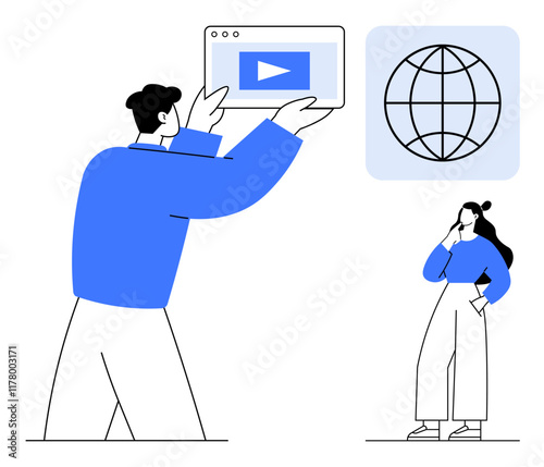 Two characters engage with video media man holds a screen with play button, woman contemplates globe icon. Ideal for education, media, technology, global communication, remote work, digital learning