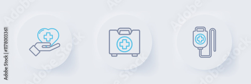 Set line IV bag, First aid kit and Heart with cross icon. Vector