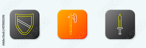 Set line Shield, Medieval axe and sword icon. Vector