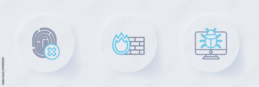Set line System bug on monitor, Firewall, security wall and Cancelled fingerprint icon. Vector Set line System bug on monitor, Firewall, security wall and Cancelled fingerprint icon. Vector