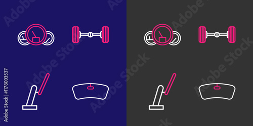 Set line Windshield, Windscreen wiper, Chassis car and Speedometer icon. Vector