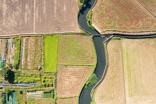 Aerial View Agricultural Fields With Irrigation Canal Farm Infra