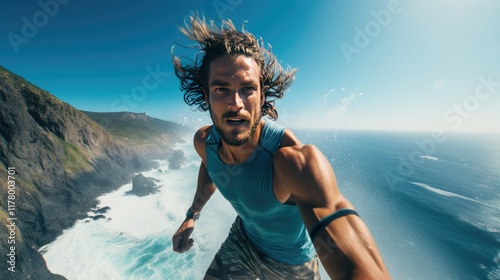 Adventurous hiker in picturesque mountain landscape at sunrise.