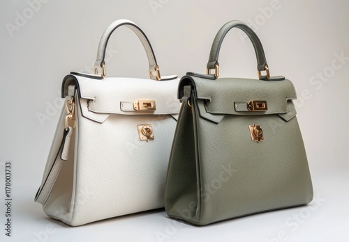 Two Luxury Handbags in White and Green photo