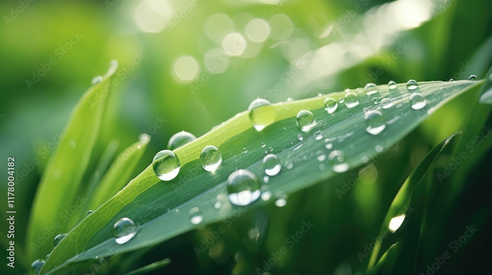 Fresh Dew Drops on Green Leaf: Macro Photography of Rain-Kissed Botanical Beauty Fresh Dew Drops on Green Leaf: Macro Photography of Rain-Kissed Botanical Beauty