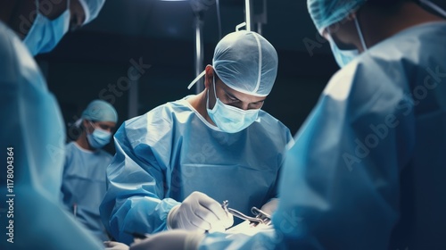 Expert Surgeons in a Blue Operating Room: Professional Healthcare and Teamwork