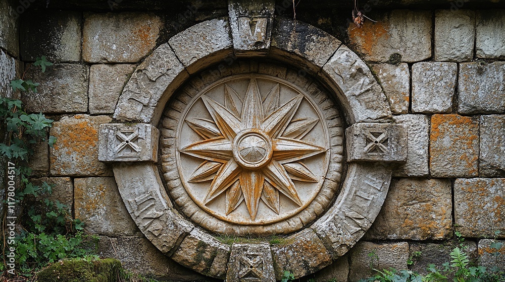 Obraz premium Stone Wall Carving Featuring a Starburst Design