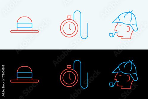 Set line Sherlock Holmes, Elegant women hat and Watch with chain icon. Vector