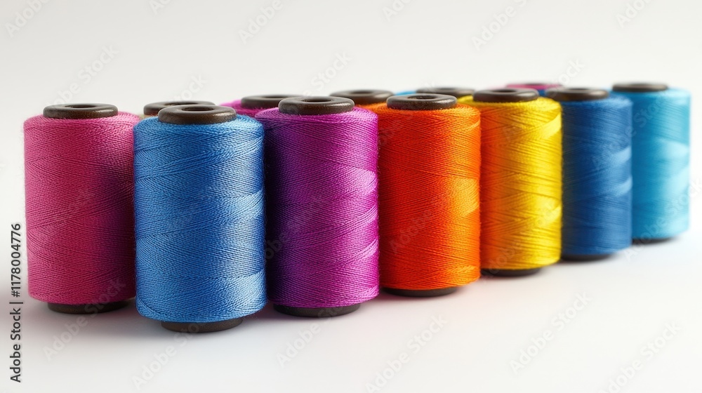 Colorful spools of thread arranged in a vibrant display Colorful spools of thread arranged in a vibrant display