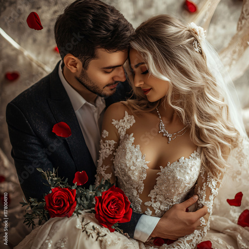 Romantic Wedding Portrait of a Couple Embracing in Elegant Attire Surrounded by Vibrant Red Roses and Petals, Capturing Love, Intimacy, and Timeless Beauty on Their Special Day. Generative AI.