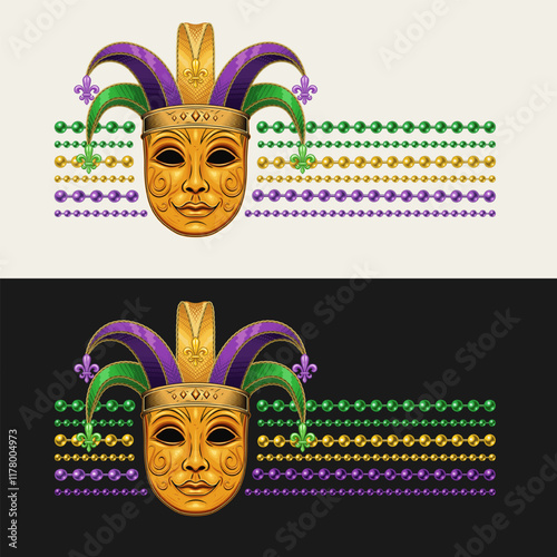 Horizontal striped Mardi Gras label with carnival golden venetian face mask in jester harlequin hat, fleur de lis symbol, strings of beads. For prints, clothing, t shirt design. Vintage style