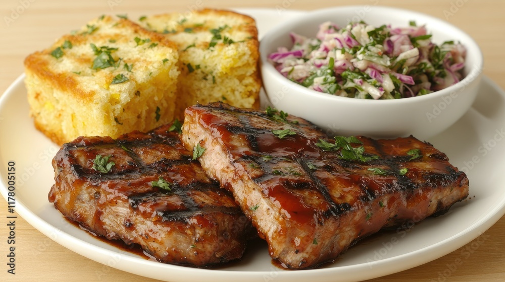 Grilled Pork Chops Cornbread And Coleslaw Dinner Plate Grilled Pork Chops Cornbread And Coleslaw Dinner Plate
