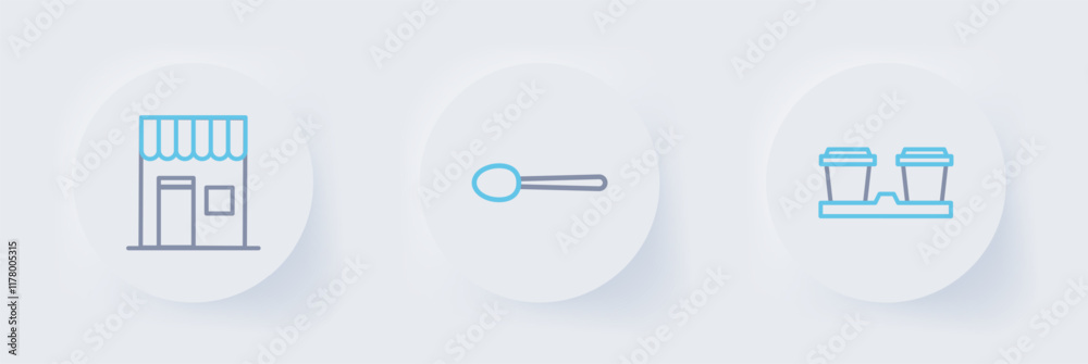Set line Coffee cup to go, Spoon and shop icon. Vector Set line Coffee cup to go, Spoon and shop icon. Vector
