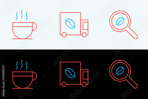 Set line Selection coffee beans, Coffee cup and street truck machine icon. Vector