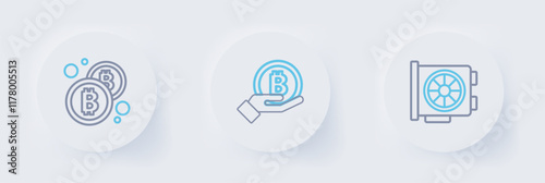 Set line Video graphic card, Hand holding Bitcoin and icon. Vector