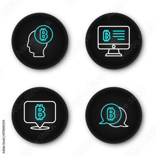 Set line Bitcoin, Mining bitcoin from monitor and think icon. Vector