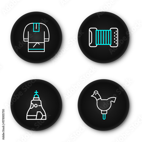 Set line Cockerel lollipop, The Tsar bell, Accordion and Kosovorotka icon. Vector