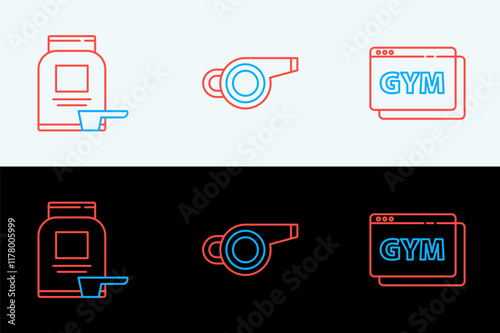 Set line Online fitness and training, Sports nutrition and Whistle icon. Vector