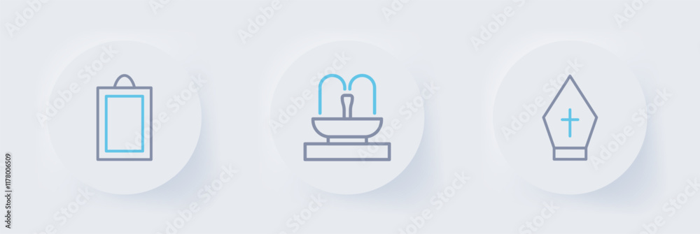 Set line Pope hat, Fountain and Picture icon. Vector Set line Pope hat, Fountain and Picture icon. Vector