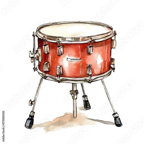 A watercolor of a snare drum stand, isolated on a white background. Percussion equipment vector.
