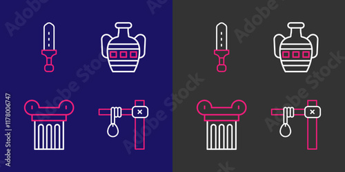Set line Gallows, Ancient column, amphorae and Medieval sword icon. Vector