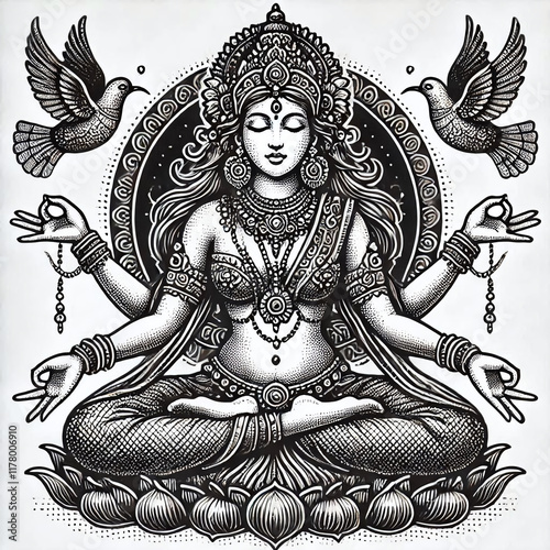 Goddess sitting in a lotus pose, adorned with intricate patterns and jewelry, peace and spirituality sketch. Scratch board. Black and white image. Generative AI. photo