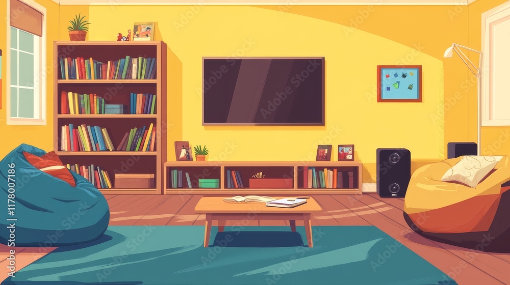 Living room interior with sofa, tv, bookshelf and coffee table. Apartment with couch front of television set on wall, empty home design with bean bag chair and decoration, Cartoon vector illustration Living room interior with sofa, tv, bookshelf and coffee table. Apartment with couch front of television set on wall, empty home design with bean bag chair and decoration, Cartoon vector illustration