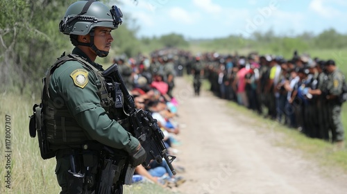 An armed Border Patrol agent in riot gear stands in the foreground, while a group of people in an open area can be seen in the background. Security, border control and migration.