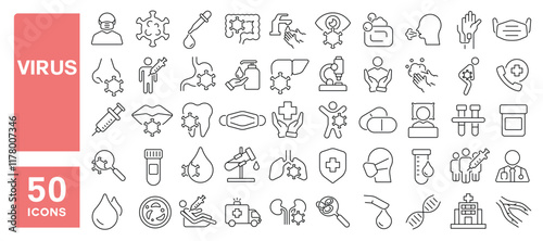 Set of 50 line icons related to virus, flu, contagion, disease, infection, fever, antibody, vaccine, germ, Editable stroke. Vector illustration