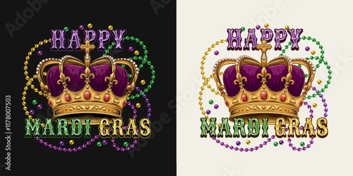 Mardi Gras emblem with golden imperial crown with red gemstones ruby, fleur de lis sign on points, intertwined interlaced strings of beads, text. Holiday composition in vintage style.