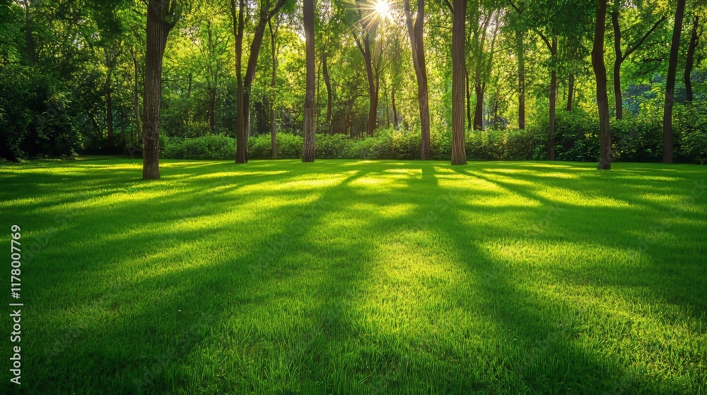Deep forest with sunny glade, green grass and tree trunks silhouettes. Vector cartoon illustration of summer woods landscape with sunshine beams. Jungle panorama with green lawn Deep forest with sunny glade, green grass and tree trunks silhouettes. Vector cartoon illustration of summer woods landscape with sunshine beams. Jungle panorama with green lawn