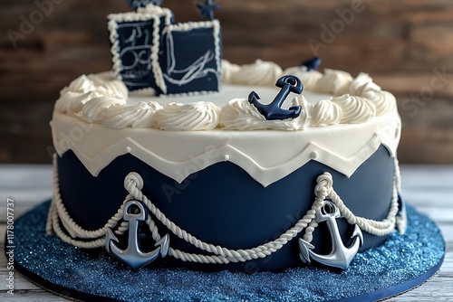 A luxury yacht birthday cake with navy blue and white frosting, fondant ropes and anchors, on a shimmering sea base. photo