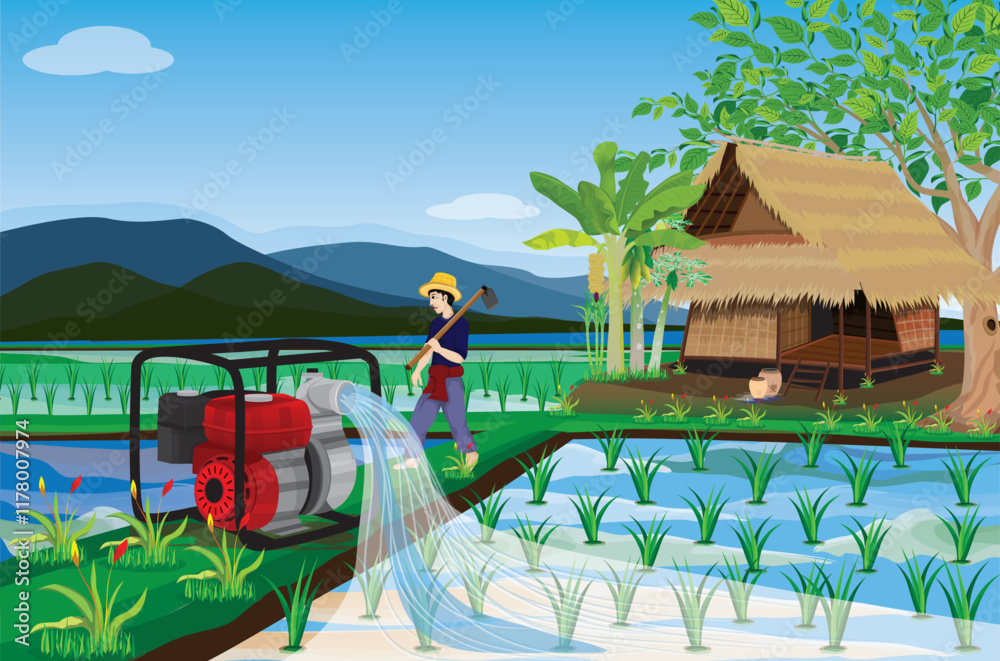 A farmer is pumping water from a pond into his rice field.vector design