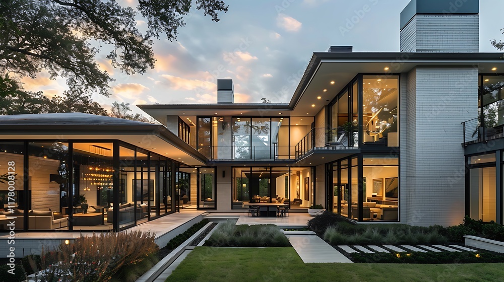 Obraz premium A modern house with an elegant, symmetrical design, featuring expansive windows, open spaces, and a clean, neutral color palette throughout the interior.