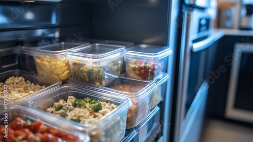 Containers of prepared meals and cut-up foods neatly arranged in the refrigerator. The concept of preparing food in advance and organizing food storage space. photo