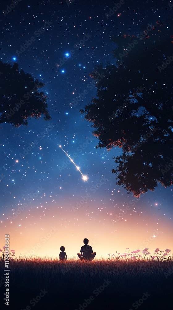 Fototapeta premium Two children sit on grassy ground, gazing up at a breathtaking night sky. Stars twinkle brightly while a shooting star streaks across, illuminating their wonder
