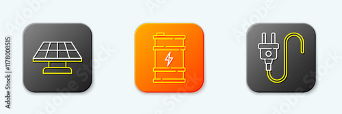 Set line Solar energy panel, Bio fuel barrel and Electric plug icon. Vector