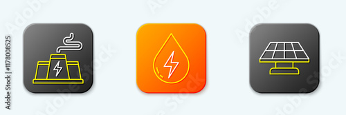 Set line Power station plant factory, Water energy and Solar panel icon. Vector