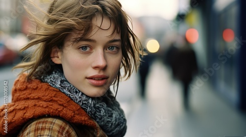 Joyful woman in the city, with brown hair and a captivating smile.