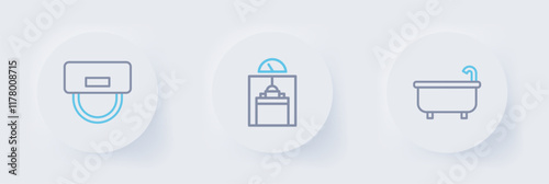 Set line Bathtub, Lift and Bellboy hat icon. Vector