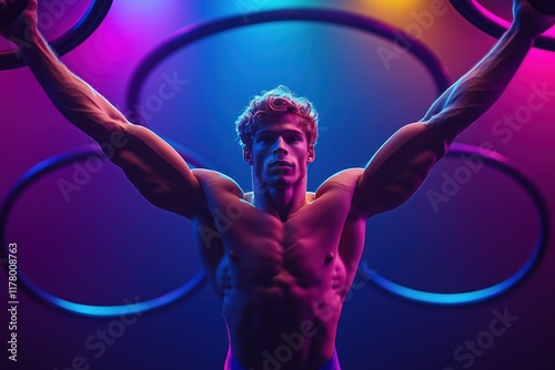 Muscular gymnast performs a vibrant dismount under colorful lighting in the gym